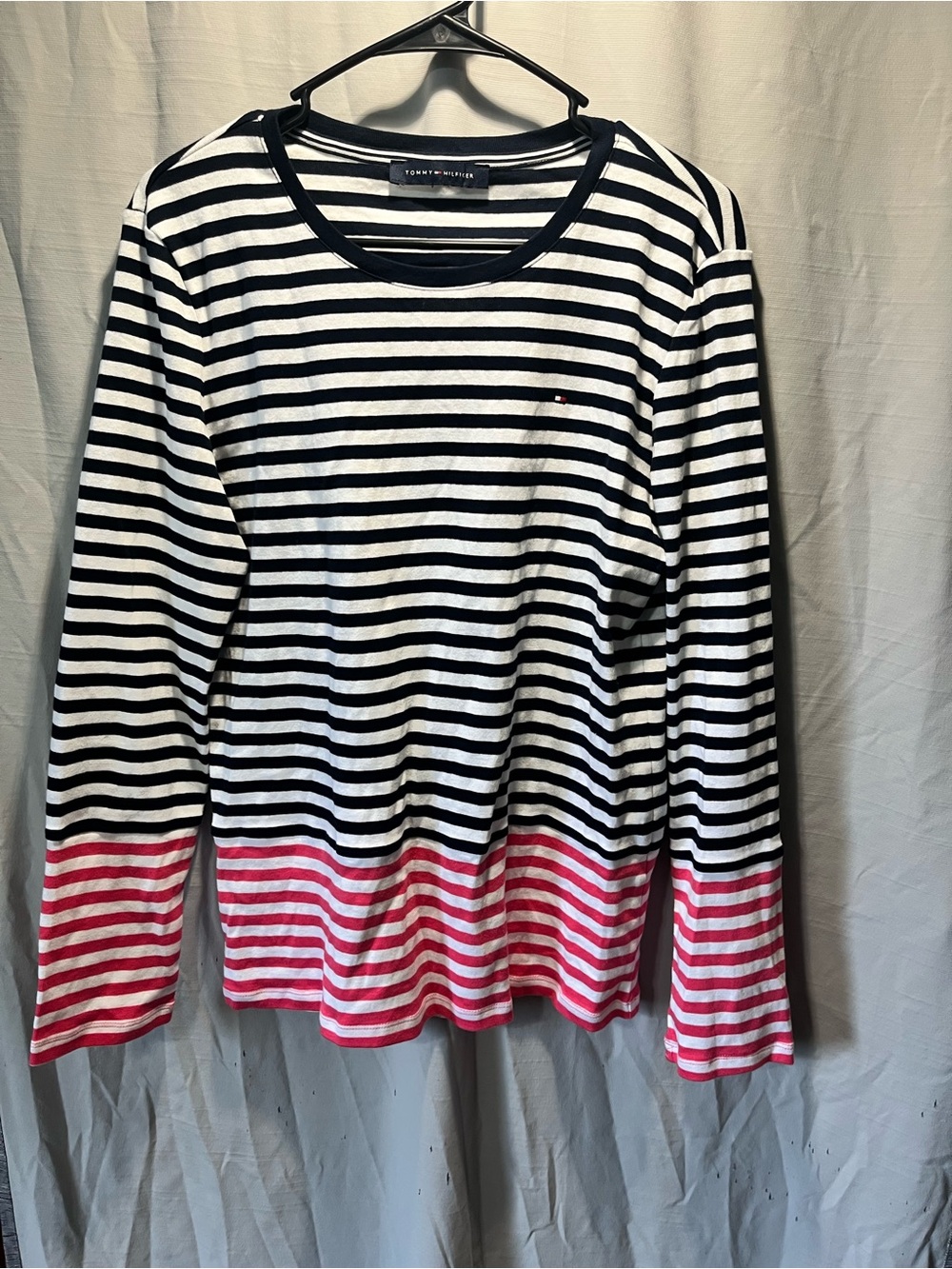 Tommy Hilfiger xl Black & White Stripe Long Sleeve Top with Pink Accent
